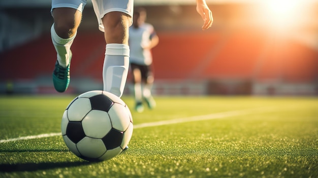 Intensité du match de football Le joueur dribble sur le grand terrain du stade