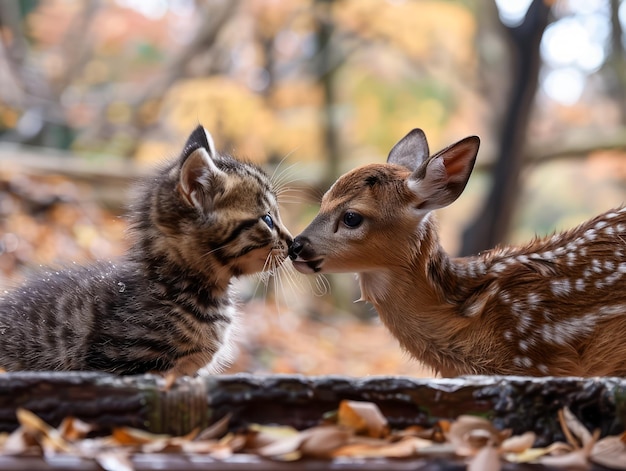 L'interaction adorable d'un chaton et d'un faon dans une scène de forêt d'automne avec des feuilles dorées