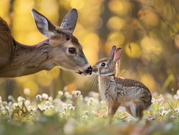 L'interaction affectueuse d'un cerf à queue blanche et d'un jeune lapin dans une forêt luxuriante