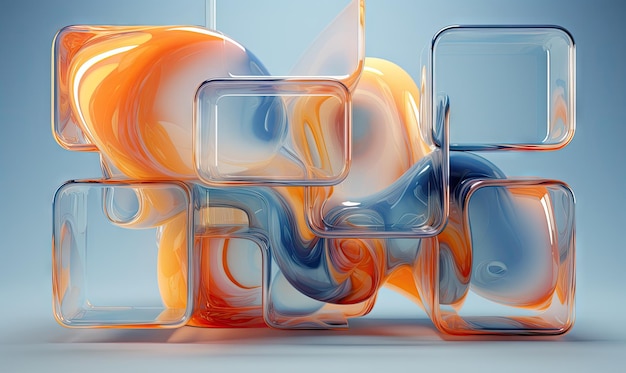 Interaction dynamique de formes liquides 3D dans des teintes vibrantes créant une scène visuellement captivante et énergique sur un fond minimaliste Composition abstraite AI Générative