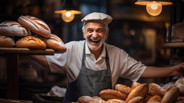 Interaction joyeuse Un boulanger français et un client apprécient les créations de pâtisserie artisanale