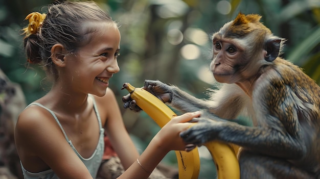 L'interaction joyeuse entre une jeune fille et un singe partageant un moment de faune banane a capturé l'amitié entre les espèces d'IA