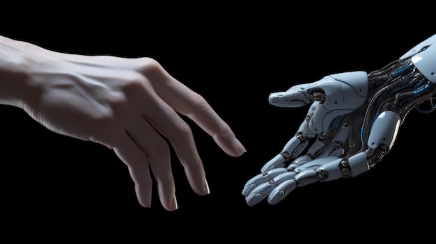 Photo interaction de la main humaine avec la main robot pour la technologie moderne du futur