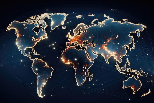 Interconnexion des réseaux mondiaux illustrée comme une carte de la carte du monde avec le concept de réseautage technologique mondial visualisation de données numériques Ai générée