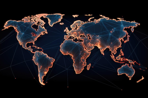 Photo interconnexion des réseaux mondiaux illustrée comme une carte de la carte du monde avec le concept de réseautage technologique mondial visualisation de données numériques ai générée