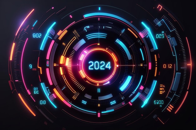 Interface d'affichage futuriste numérique Année 2024 HUD circulaire technologique avancé avec éléments lumineux au néon Numéros Hitech modèle graphique d'illustration vectorielle