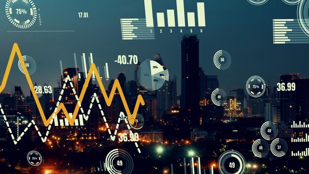 L'interface d'analyse des données d'entreprise survole la ville intelligente montrant l'avenir de l'altération