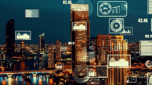 L'interface d'analyse des données d'entreprise survole la ville intelligente montrant l'avenir de l'altération