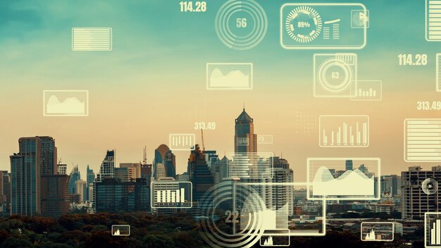 L'interface d'analyse des données d'entreprise survole la ville intelligente montrant l'avenir de l'altération