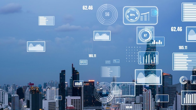 L'interface analytique des données d'entreprise survole la ville intelligente montrant l'avenir de l'altération