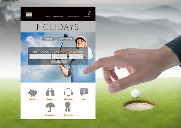 Interface de l'application de vacances de golf touchant la main