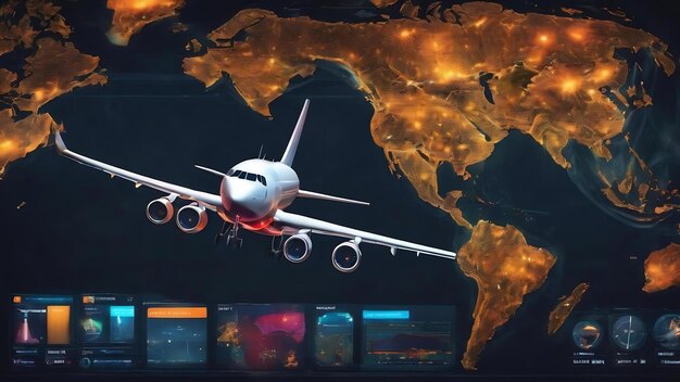 Interface d'avion créative sur fond sombre voyage dans le monde entier et concept web rendu 3D