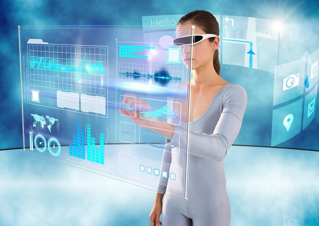 Photo interface de chambre futuriste avec femme futuriste