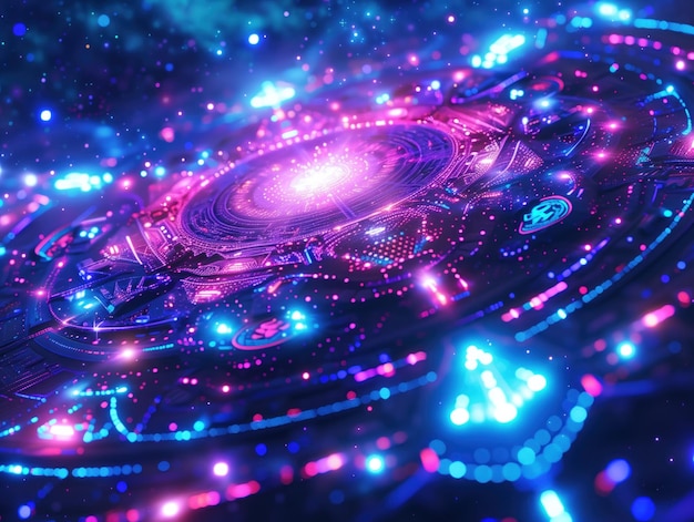 Interface cybernétique lumineuse futuriste dans l'espace une interface cybernétique illuminée vibrante avec des motifs complexes flottant dans l'étendue cosmique symbolisant des réseaux numériques de haute technologie