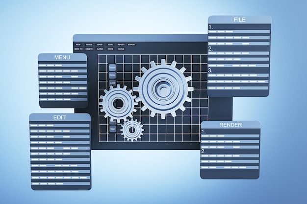 Interface de développement logiciel avec des rouages sur une interface graphique conviviale Technologie bleue et concept éducatif Renderisation 3D