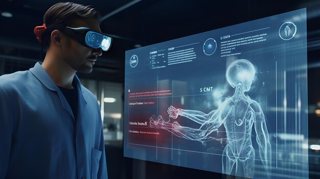 Interface d'examen VR affichant des données médicales offrant une vue détaillée du processus de diagnostic