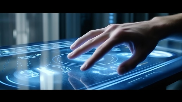 Interface d'IA moderne affichée sur un écran transparent avec une main numérique atteignant