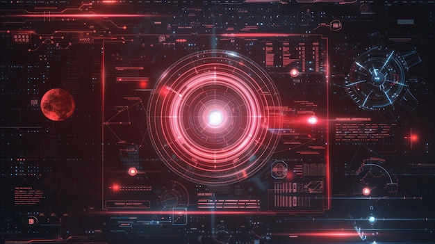 Interface numérique holographique de style HUD panneau d'affichage en cercle rouge cyberpunk papier peint d'arrière-plan image générée par l'IA