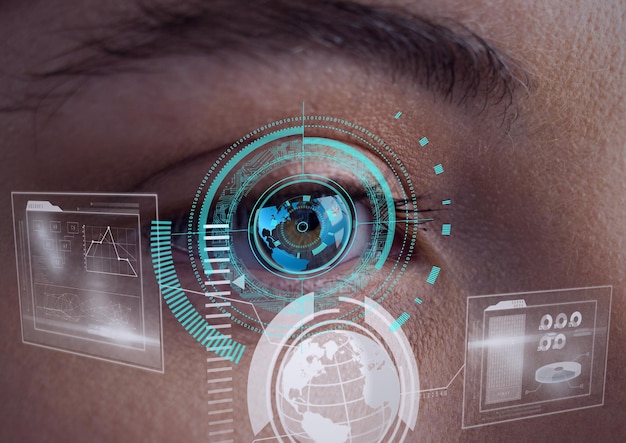 Photo interface numérique avec traitement des données contre close up of female human eye
