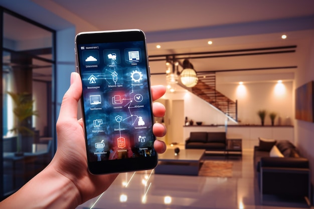 Photo interface de réalité augmentée dans la maison intelligente futuriste concept de technologie développement durable