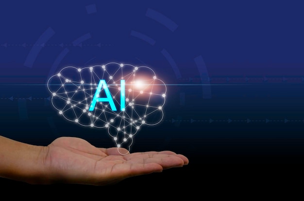Interface technologique visuelle IA Intelligence artificielle et processus analytique icône du cerveau à la main homme d'affaires