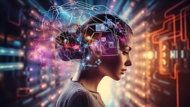 Interfaces cerveau-ordinateur neurotechnologie avancée connexion innovante entre l'esprit et la machine contrôle de la pensée communication futuriste créée avec la technologie d'intelligence artificielle générative