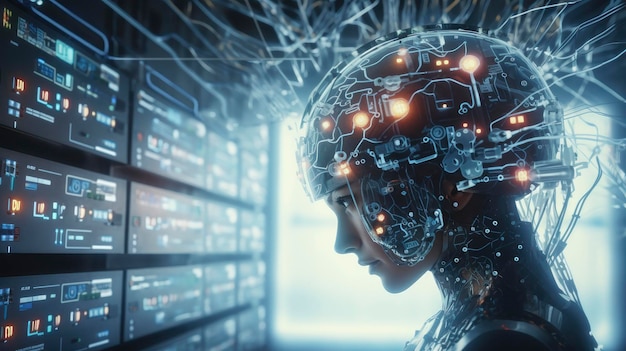 Interfaces cerveau-ordinateur technologie avancée connexions neuronales innovantes communication directe interaction humaine-machine futuriste créée avec la technologie d'intelligence artificielle générative