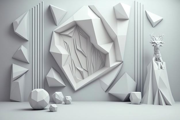 Intérieur 3d blanc abstrait avec motif polygonal sur le mur