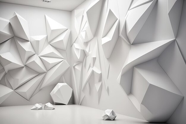 Intérieur 3d blanc abstrait avec motif polygonal sur le mur