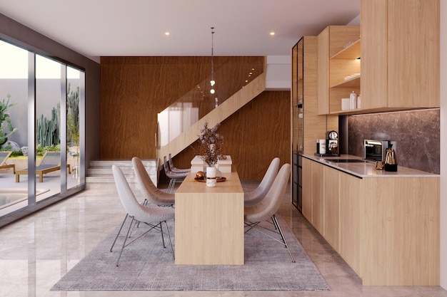 Intérieur 3d et maquettecuisine et fond de plante verterendu intérieur de cuisine minimaliste moderne