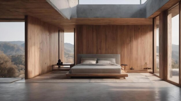 Intérieur abstrait en béton architectural et en bois lisse d'une maison minimaliste avec des couleurs