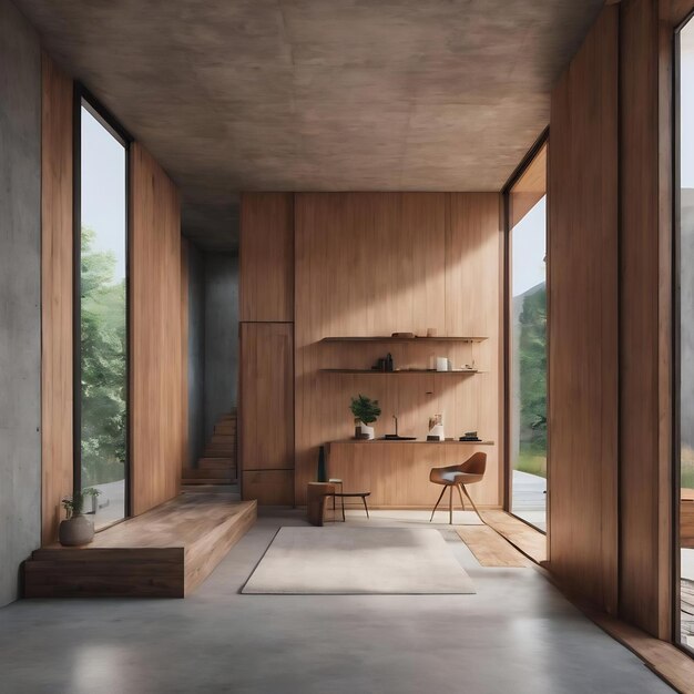 Intérieur abstrait en béton architectural et en bois lisse d'une maison minimaliste avec des couleurs