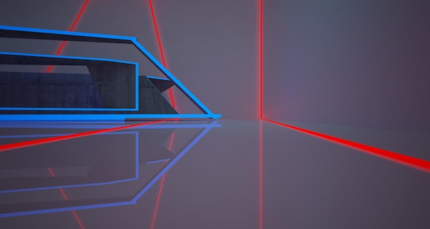 Intérieur abstrait en béton architectural d'une maison minimaliste avec éclairage au néon dégradé de couleurs 3D