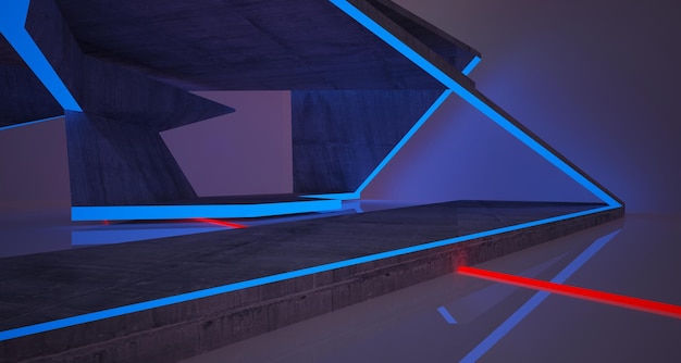 Intérieur abstrait en béton architectural d'une maison minimaliste avec éclairage au néon dégradé de couleurs 3D