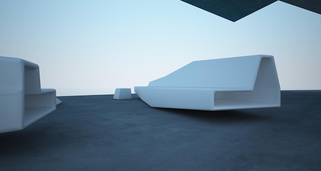 Intérieur abstrait en béton architectural d'une villa moderne sur la mer avec éclairage au néon coloré 3D