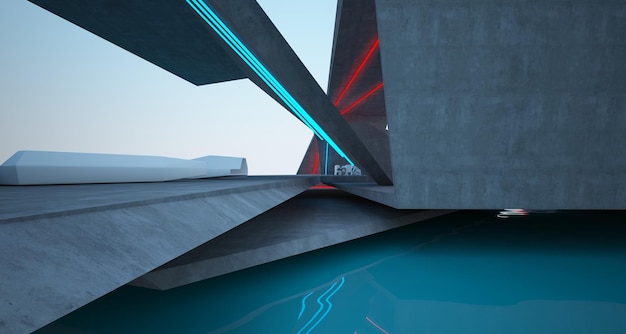 Intérieur abstrait en béton architectural d'une villa moderne sur la mer avec éclairage au néon coloré 3D