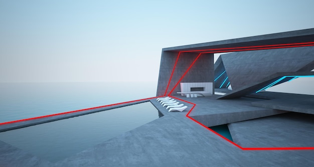 Intérieur abstrait en béton architectural d'une villa moderne sur la mer avec éclairage au néon coloré 3D