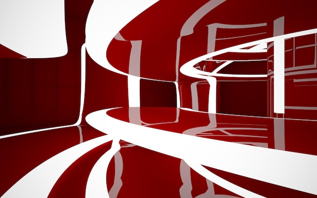 Intérieur abstrait du futur dans un style minimaliste avec sculpture rouge et eau Vue nocturne Arc