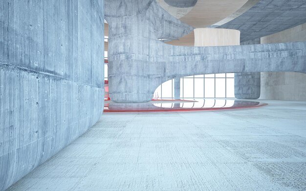 Intérieur abstrait en verre et bois en béton avec illustration et rendu 3D de la fenêtre