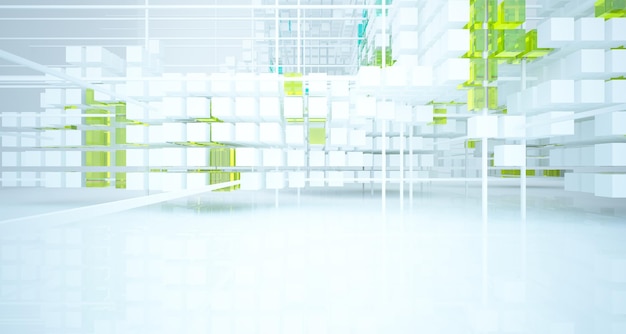 Intérieur abstrait de verres dégradés blancs et colorés à partir d'un tableau de cubes avec fenêtre 3D