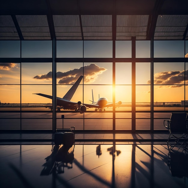 Intérieur de l'aéroport photo avec fenêtre coucher de soleil