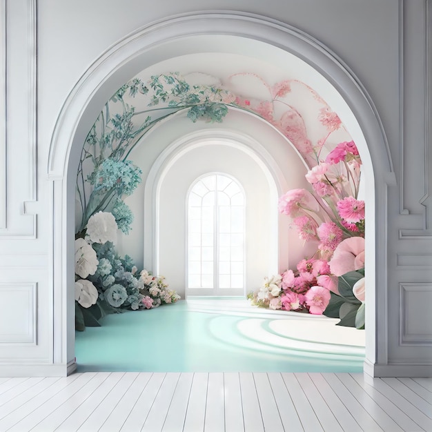 Intérieur AI génératif de la pièce avec fenêtre en arc et fleurs