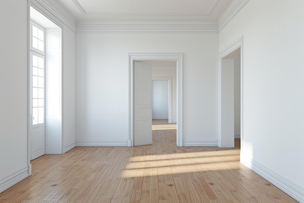 Intérieur d'appartement minimaliste avec une salle à manger spacieuse et un salon vide