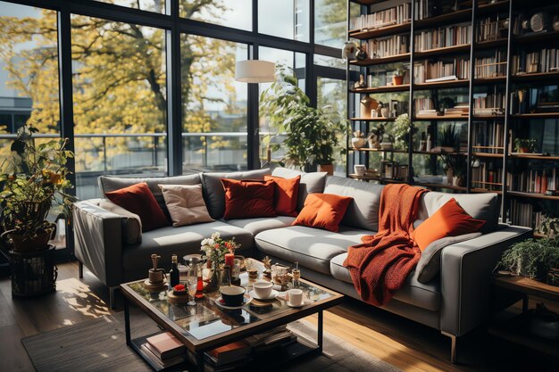 Intérieur d'appartement moderne dans un salon ou une chambre à coucher avec table de travail Maison de luxe scandinave