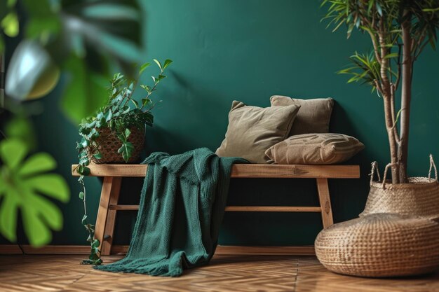 Intérieur d'appartement vert confortable avec oreiller de banc en bois et couverture