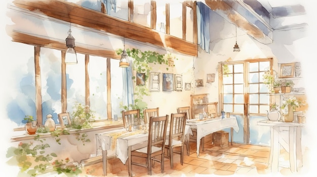 Intérieur aquarelle d'un café confortable avec une lumière vive