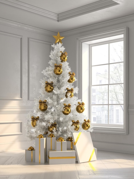 Intérieur avec arbre de noël et coffrets cadeaux illustration 3d