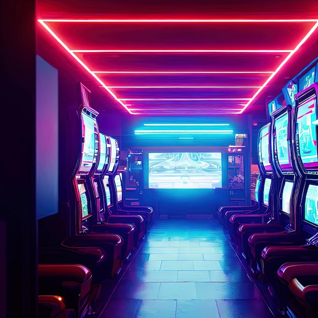 Intérieur d'arcade vidéo avec néon avec IA générative