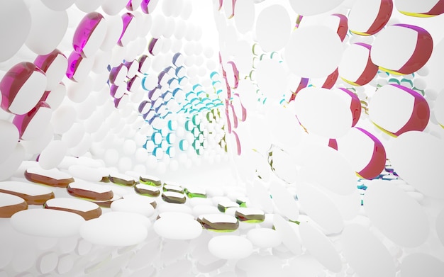 intérieur architectural abstrait avec sculpture en verre lisse coloré avec illustration 3D de lignes noires