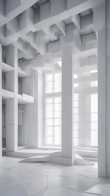 Intérieur architectural blanc abstrait à partir d'un tableau de cubes blancs avec de grandes fenêtres 3d